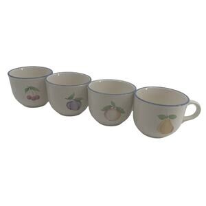 Set 4 - Vintage Pfaltzgraff Hopscotch Fruit Blue Rim White Coffee Tea Cup